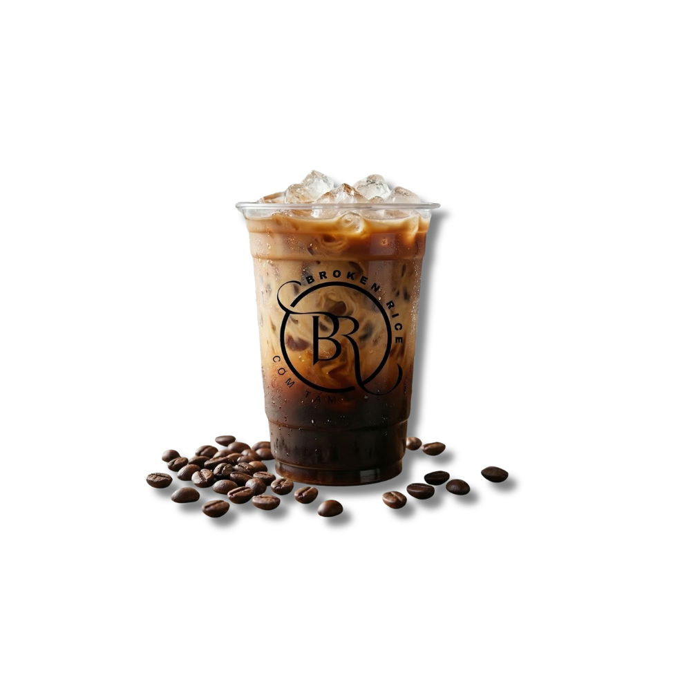 Iced coffee in a Broken Rice branded cup